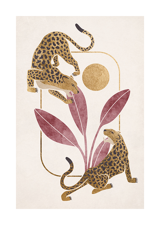  – Illustrazione di due leopardi su sfondo ispirato alla savana