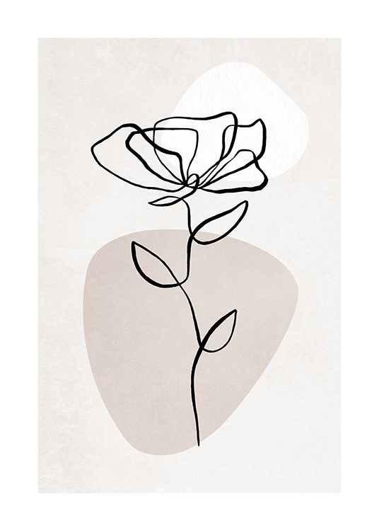  – Illustrazione in stile line art di un fiore nero su sfondo grigio chiaro con una forma beige e bianca