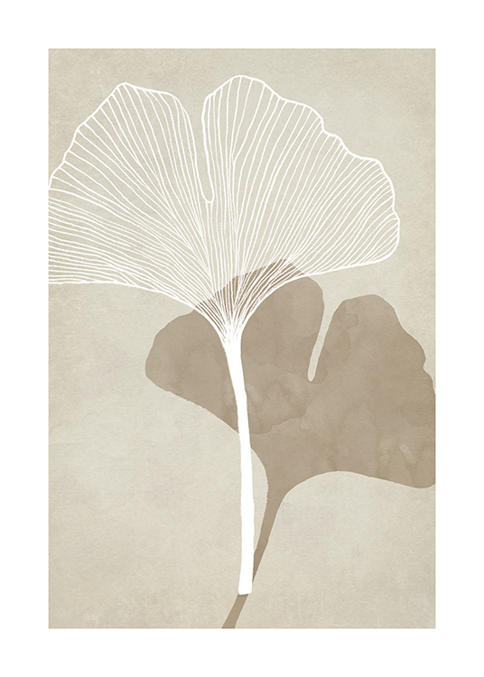 – Illustrazione ad acquerello di foglie di ginkgo in bianco e beige su sfondo grigio-beige chiaro