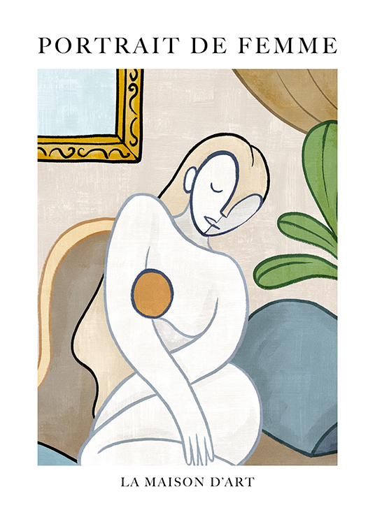  – Illustrazione astratta con il ritratto di un nudo di donna in bianco e beige