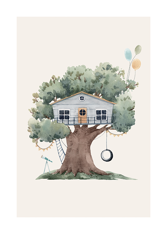 – Illustrazione di una casa blu su un albero verde con un'altalena e palloncini su sfondo beige chiaro