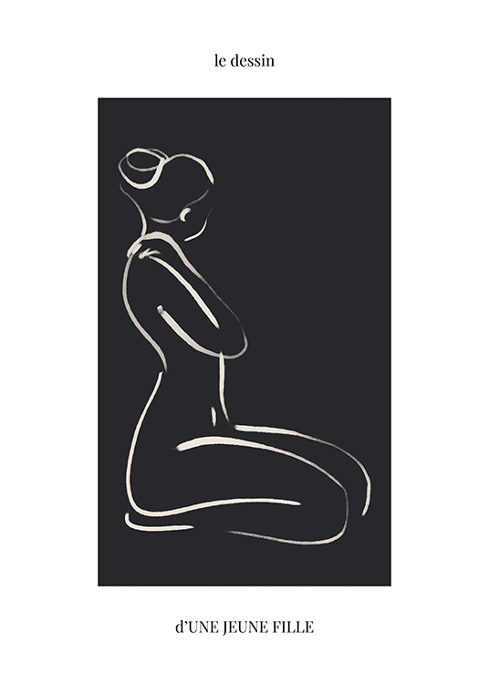  – Illustrazione di un nudo di donna sulle ginocchia, disegnata in stile line art su sfondo nero e chiaro