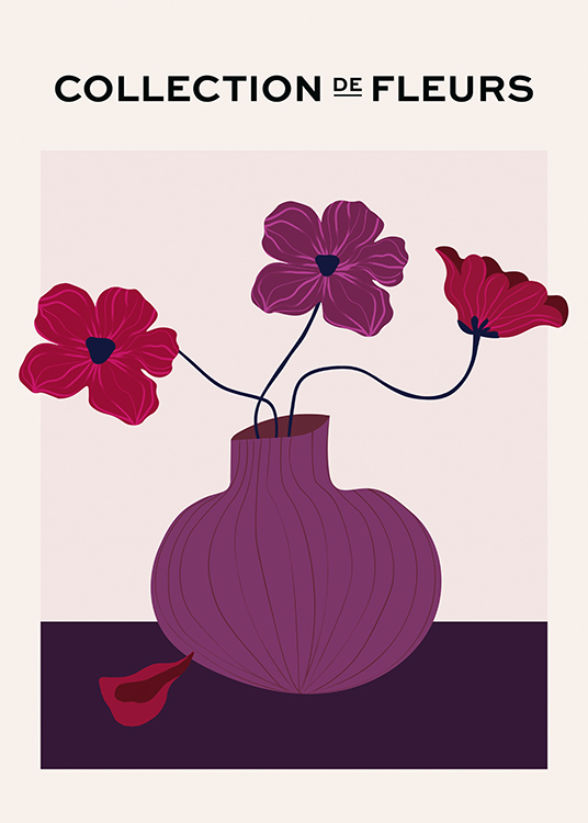  – Illustrazione grafica di fiori viola e rossi in un vaso viola su sfondo beige