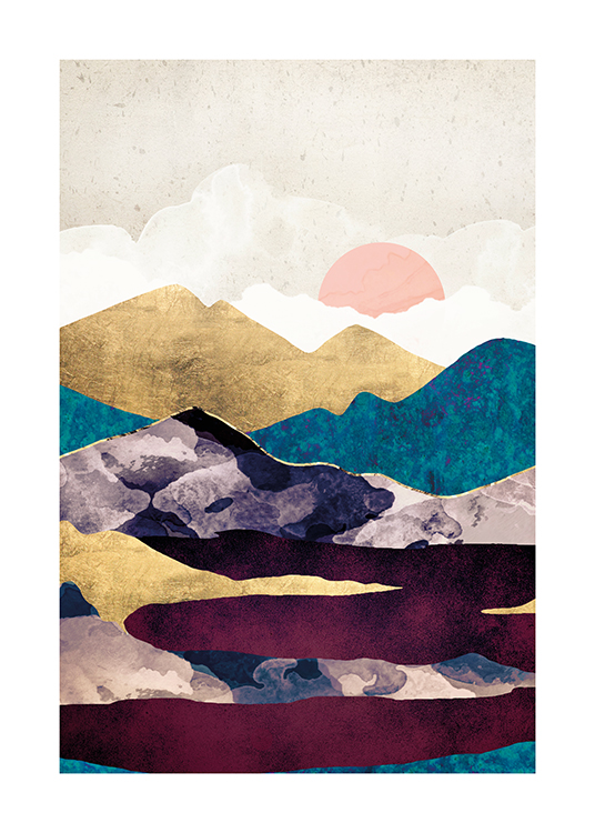 – Illustrazione di montagne color oro e blu e un lago rosso scuro in primo piano con un cielo beige sullo sfondo