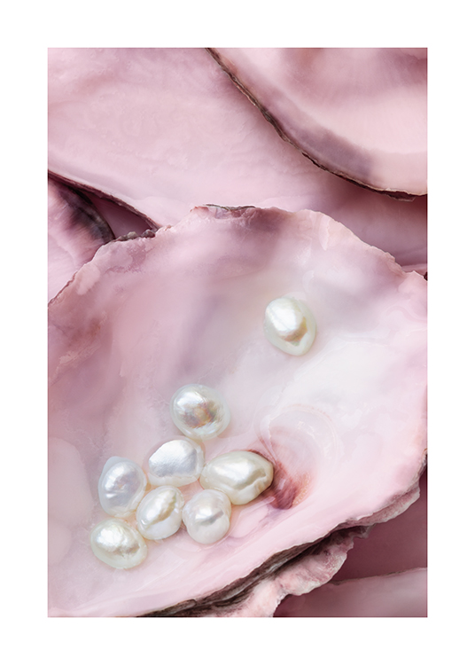  – Fotografia di ostriche rosa con perle bianche all’interno di una delle ostriche