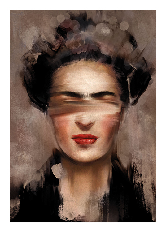  – Dipinto con un ritratto astratto di Frida Kahlo con labbra rosse su sfondo beige e marrone