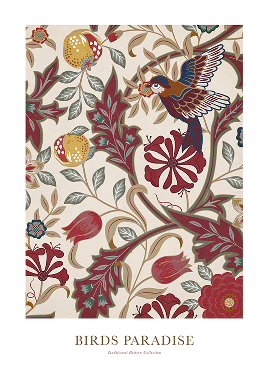  – Illustrazione di un uccello e fiori in rosso, grigio e beige su fondo beige chiaro
