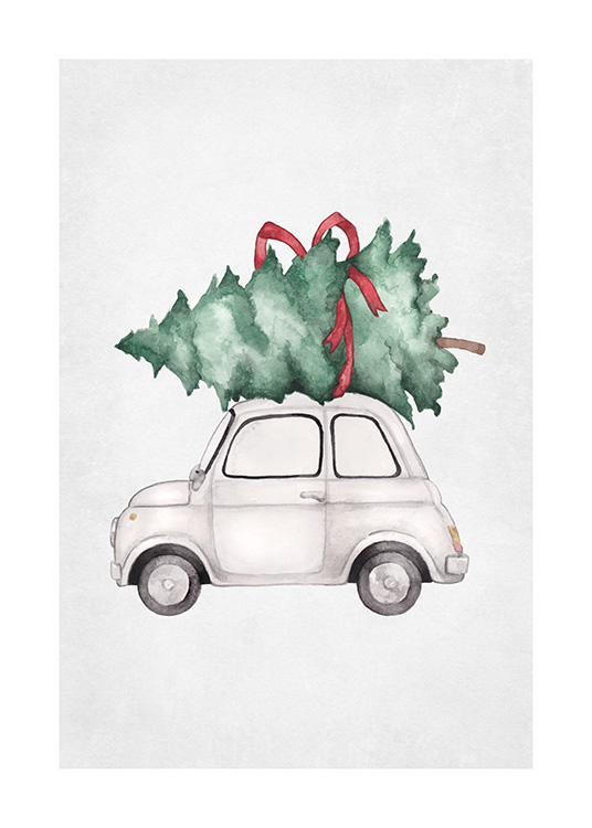  – Illustrazione di una piccola automobile con un albero di Natale verde decorato con un fiocco rosso sul tettuccio