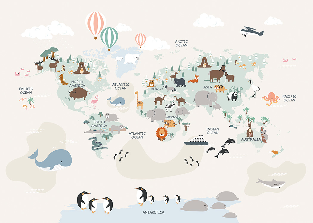  – Illustrazione di una mappa del mondo con animali nei diversi continenti
