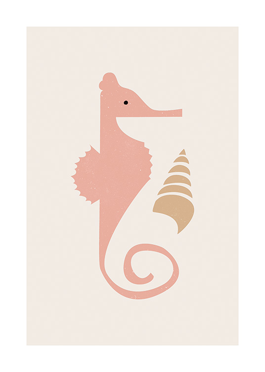  – Illustrazione grafica di una conchiglia beige e un cavalluccio marino rosa su sfondo beige chiaro