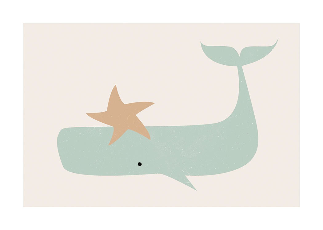  – Illustrazione grafica di una stella beige e una balena verde su sfondo beige chiaro