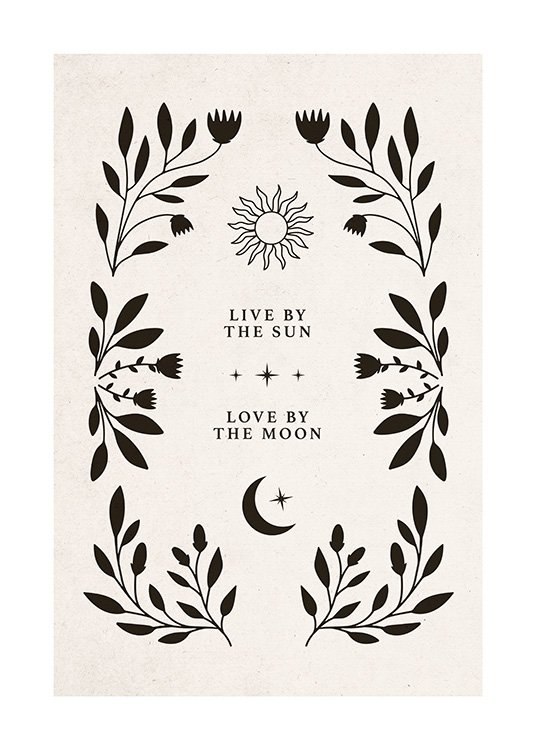  – Illustrazione grafica con un testo, un sole e una luna incorniciati da foglie e fiori neri