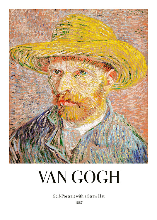  – Dipinto con un autoritratto di Van Gogh che indossa un cappello di paglia e un testo scritto in nero al fondo