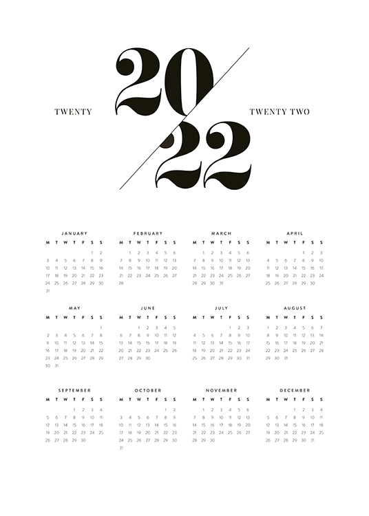  – Calendario 2022 con mesi e date scritti in nero su sfondo bianco