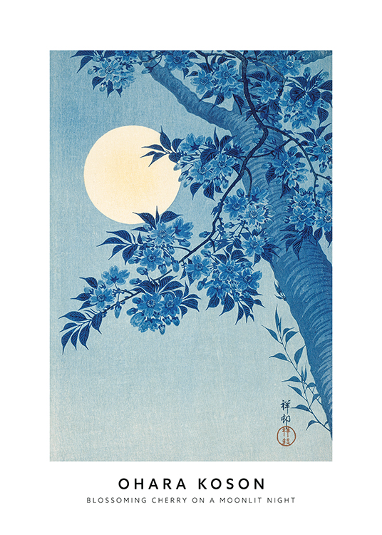 – Dipinto che ritrae un albero di ciliegio blu su sfondo blu con la luna