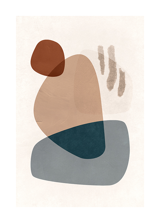 – Illustrazione grafica di forme astratte in grigio-blu, beige e marrone su sfondo chiaro