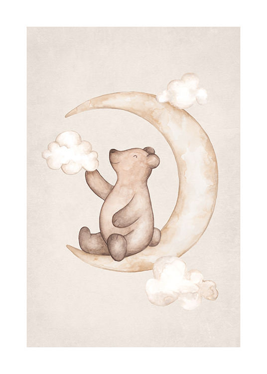 – Illustrazione ad acquarello di un orsetto sorridente seduto su una mezzaluna con nuvolette attorno