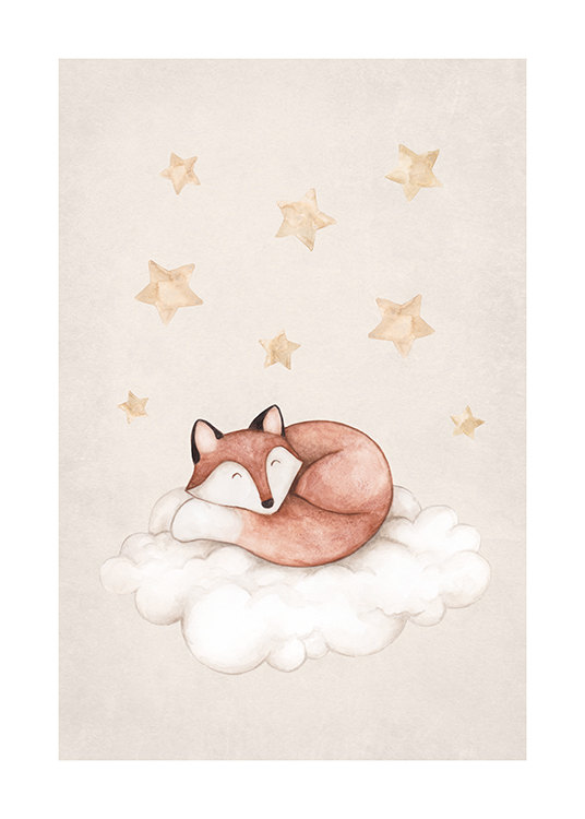 – Illustrazione ad acquarello di una volpe che dorme su una nuvola con stelle sopra