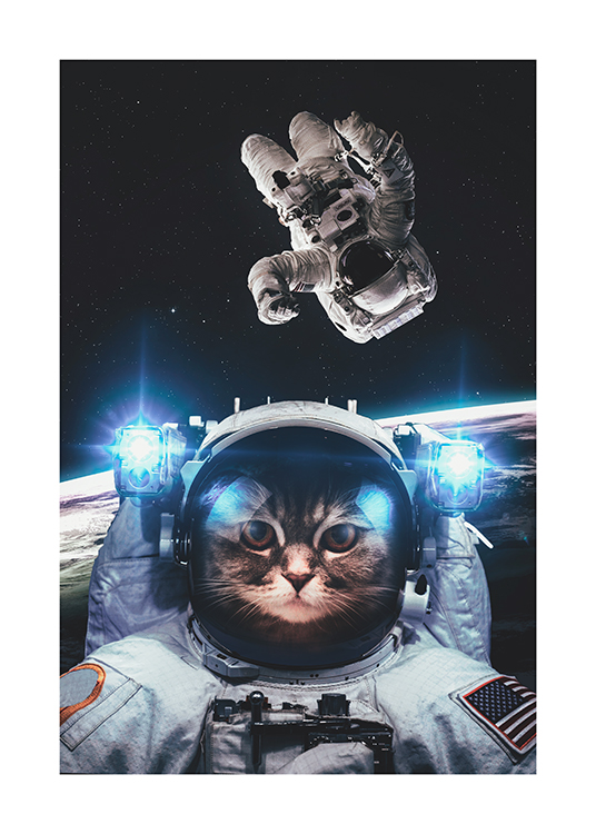 – Illustrazione di un gatto astronauta e la Terra e un astronauta in secondo piano