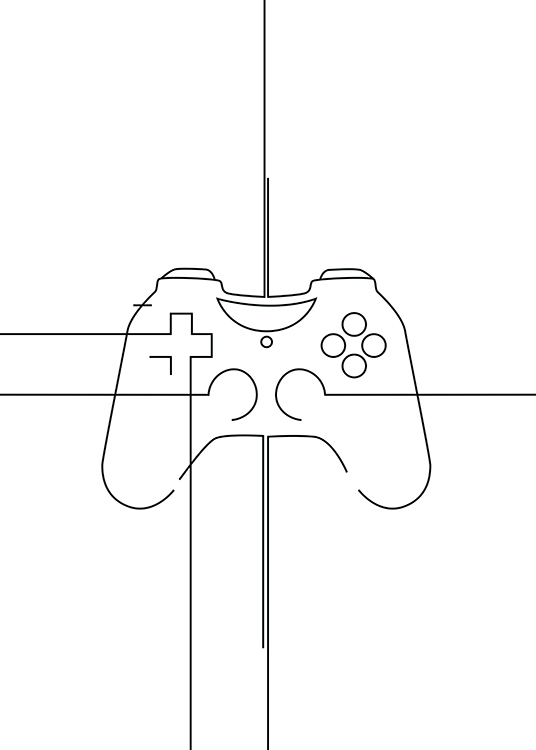 – Illustrazione di un controller di gioco realizzato con linee nere su sfondo bianco