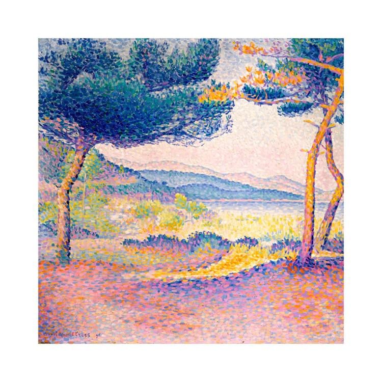  - Pittura di un paesaggio colorato e astratto con pini di fronte a una riva