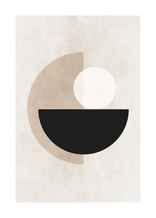 — Poster grafico con un cerchio bianco e forme in beige e nero su sfondo beige