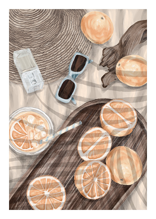 – Poster di un picnic con arance e accessori 
