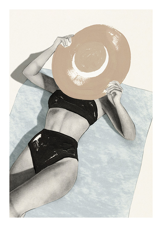 – Stampa di una donna che prende il sole con un cappello da sole 