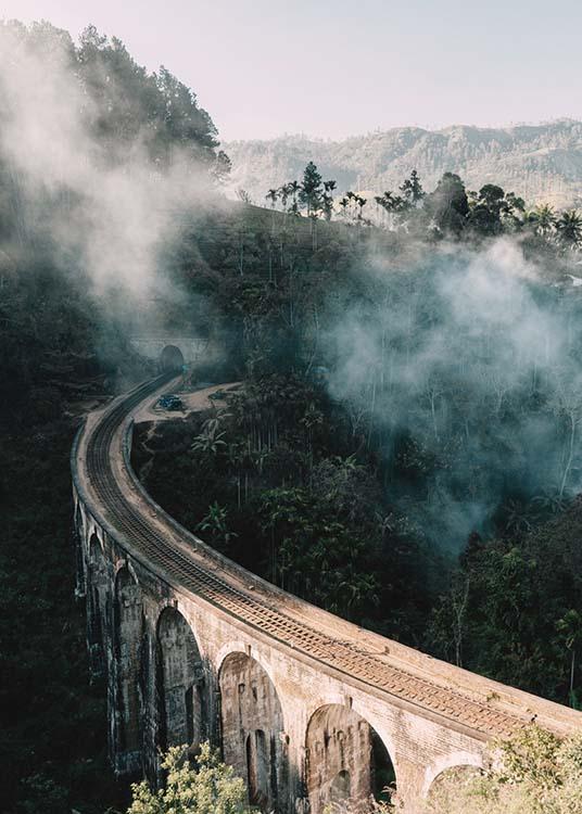  – Fotografia di un ponte immerso in un paesaggio con alberi e banchi di nebbia
