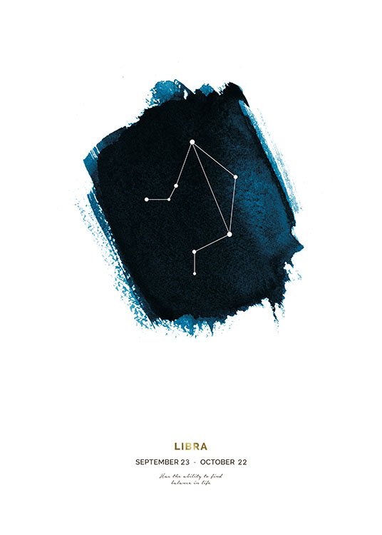  – Segno zodiacale della Bilancia in una forma geometrica blu, con testo al fondo