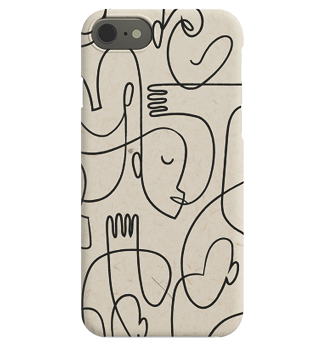  – Cover iPhone con soggetto astratto di volti disegnati in stile line art in nero su sfondo beige