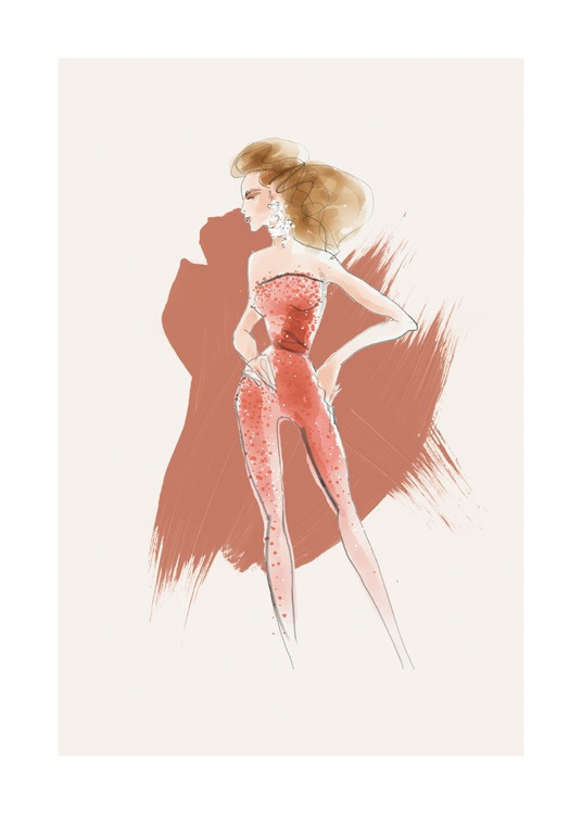  – Illustrazione di una donna che indossa una tuta rossa con perle su sfondo beige con pennellate rosse