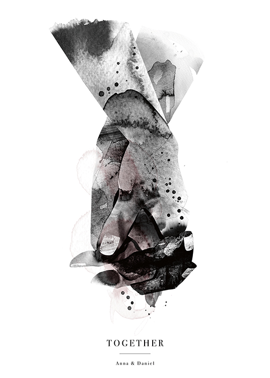  – Illustrazione ad acquarello di due mani intrecciate in nero, grigio e rosa e testo al fondo