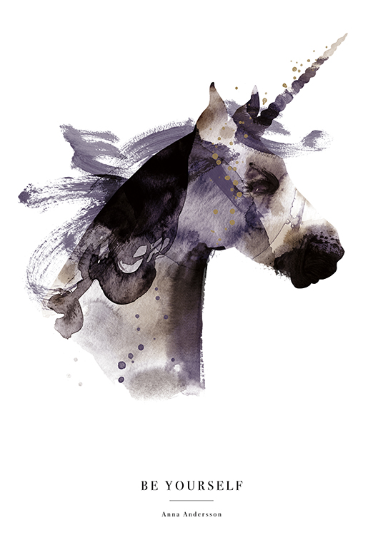  – Illustrazione ad acquarello di un unicorno viola, nero e marrone su sfondo bianco con testo al fondo