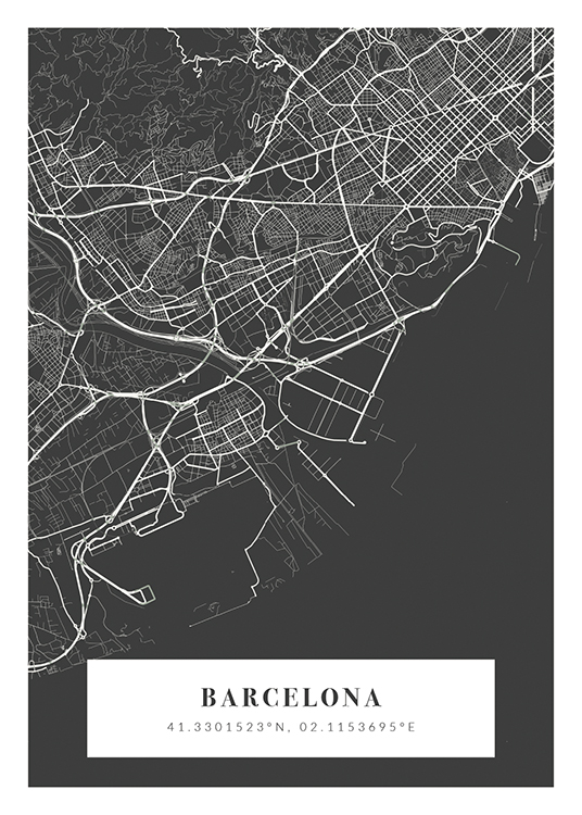  – Mappa di città grigia e bianca con il nome della città e le sue coordinate al fondo