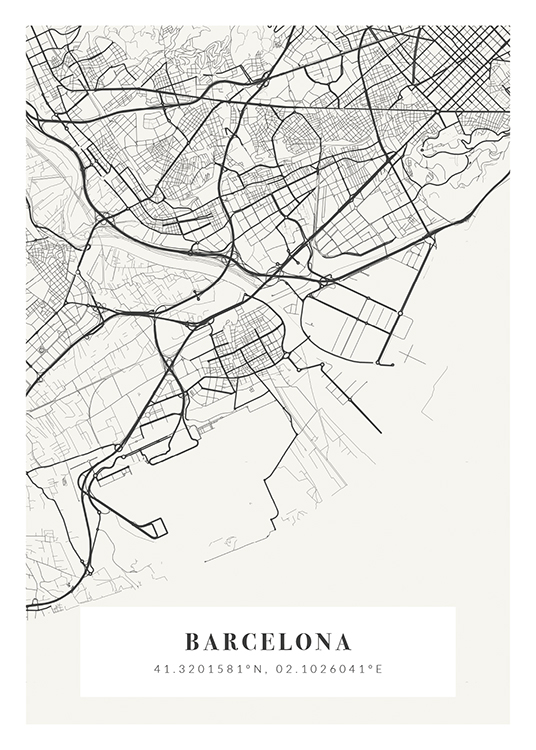  – Mappa di città bianco sporco e grigia con il nome della città e le sue coordinate al fondo