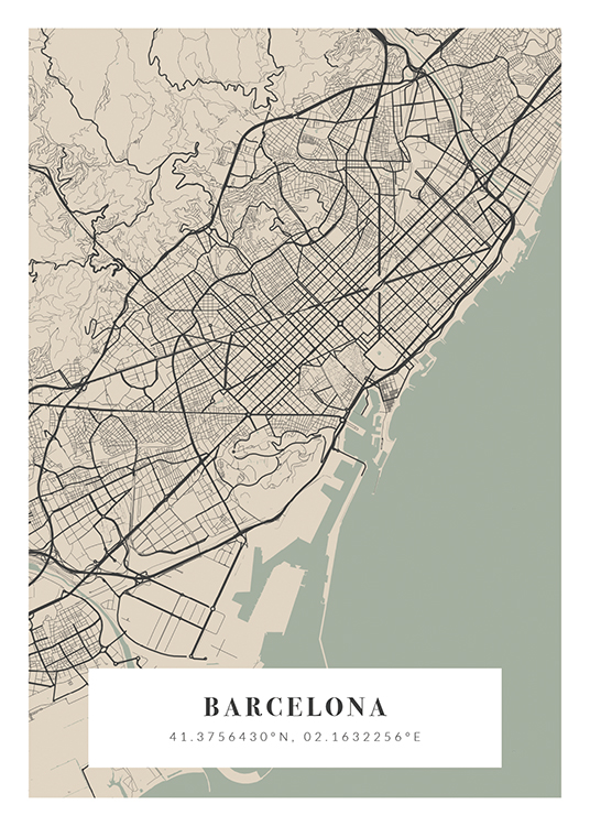  – Mappa di città verde chiaro, beige e grigio scuro con il nome della città e le sue coordinate al fondo
