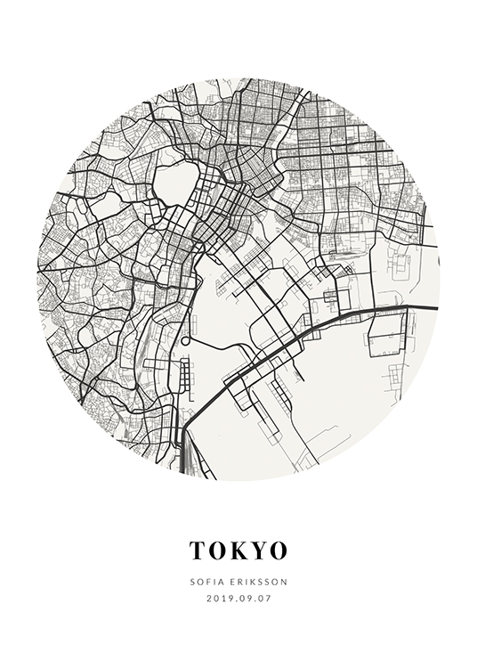  – Mappa di città di forma circolare in nuance di grigio con un testo al fondo