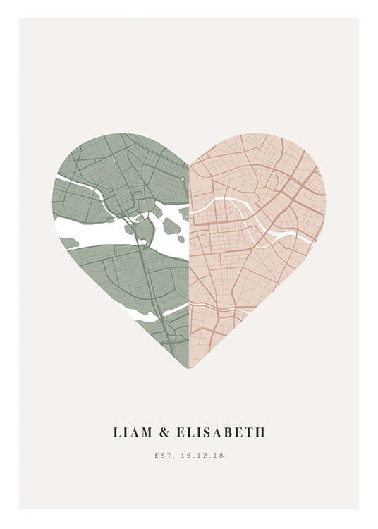  – Mappa di città a forma di cuore rosa e verde su sfondo grigio chiaro con un testo al fondo