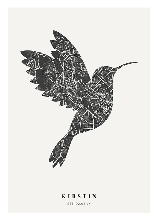  – Mappa di città in bianco e nero a forma di uccello con un testo al fondo