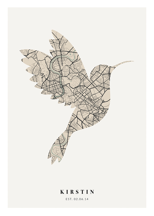 – Mappa di città a forma di uccello beige e nera su sfondo grigio chiaro con un testo al fondo