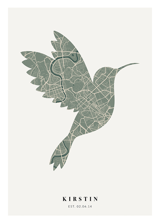  – Mappa di città a forma di uccello beige e verde su sfondo grigio chiaro con un testo al fondo