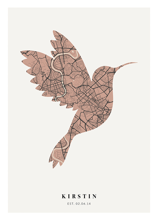  – Mappa di città rosa e grigio scuro a forma di uccello con un testo al fondo