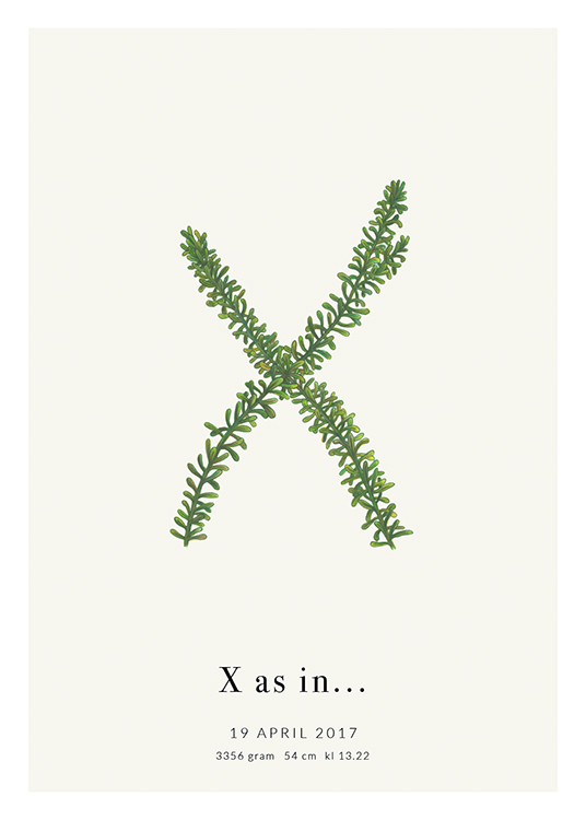  – Lettera X riprodotta con foglie e un testo al fondo