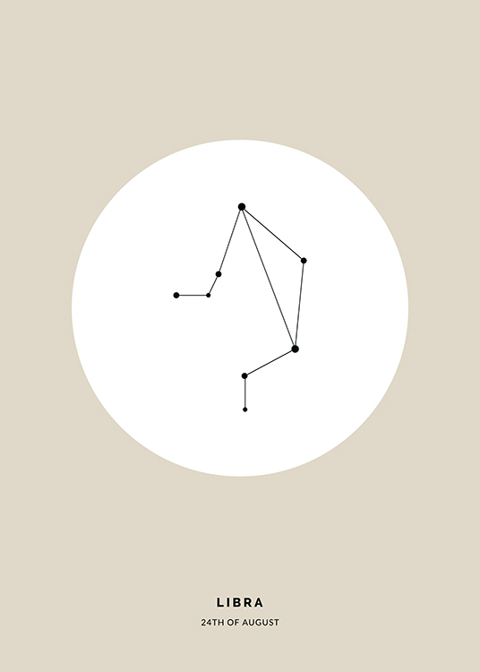  – Illustrazione del segno zodiacale della Bilancia in nero in un cerchio bianco su sfondo beige