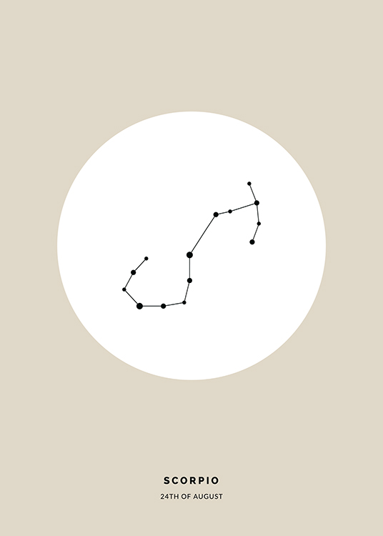  – Illustrazione del segno zodiacale dello Scorpione in nero in un cerchio bianco su sfondo beige