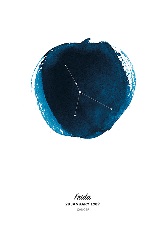  – Illustrazione del segno zodiacale del Cancro in un cerchio ad acquarello blu