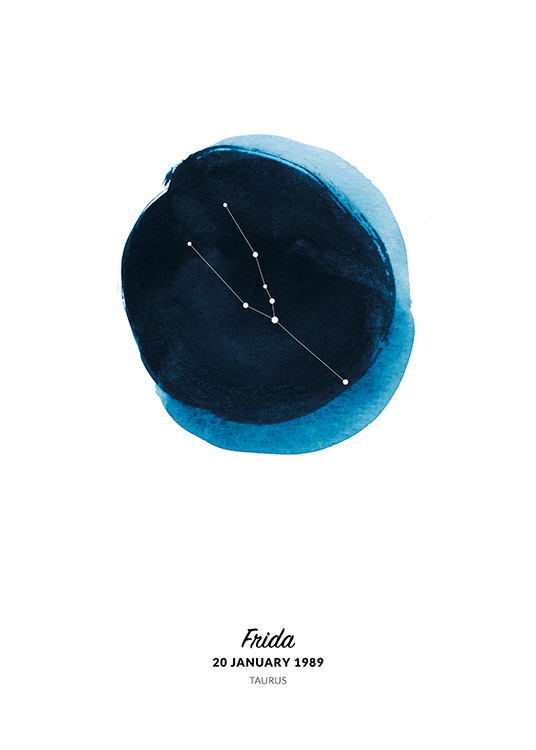  – Illustrazione del segno zodiacale del Toro in un cerchio ad acquarello blu