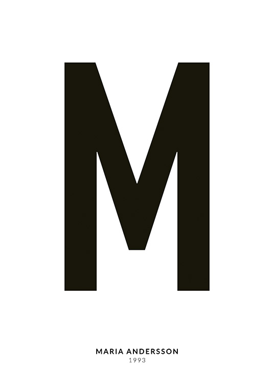 – Poster testo minimalista con la lettera M e un testo più piccolo scritto sotto su sfondo bianco