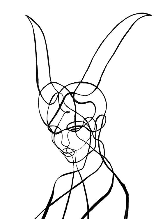  – Illustrazione in stile line art che raffigura il segno del Capricorno con una donna con corna sulla testa